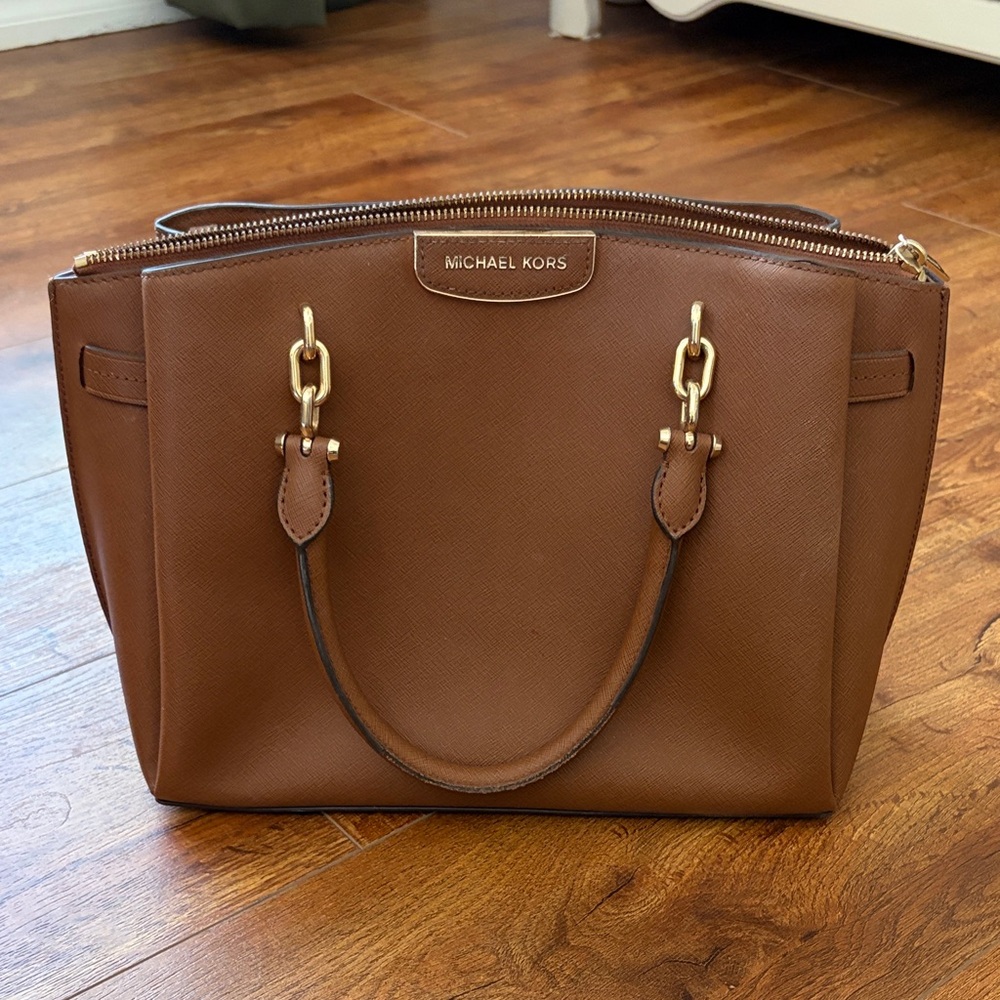 Michael Kors Cognac Saffiano Leather Satchel with Gold Hardware